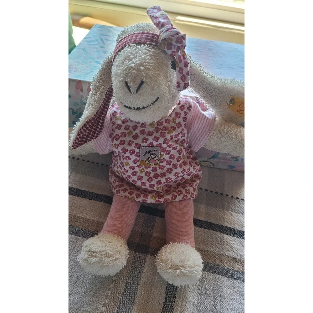 Steiff Schlaf-Lammie Lamb Plush Stuffed Animal Pink Floral Dress Button In Ear